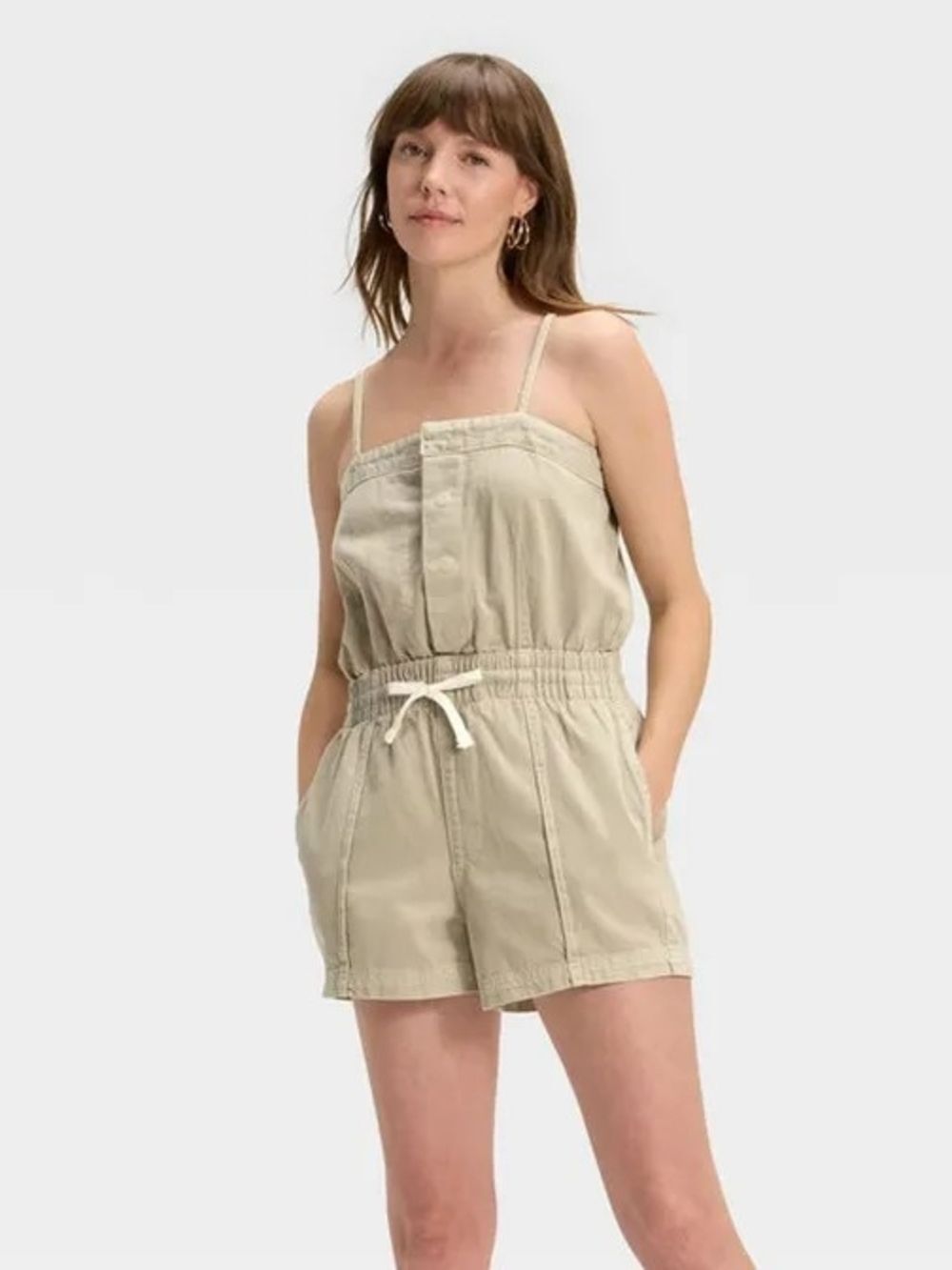 Universal Thread Women's Denim Beach Drawstring Romper with Spaghetti Straps-M